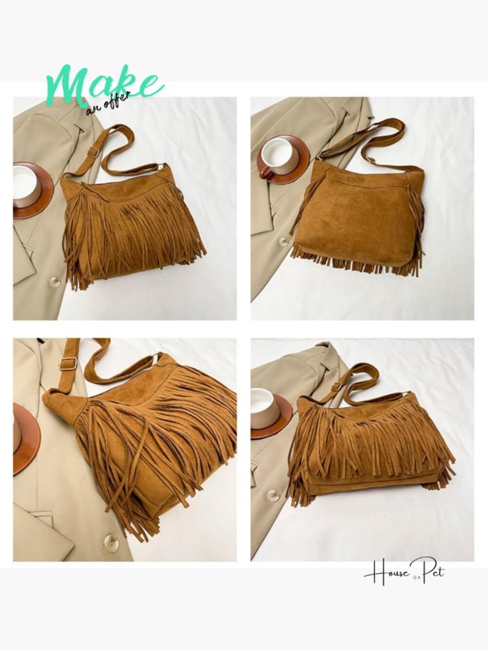 Vintage Vegan Suede Fringe Hobo Bag Crossbody Adjustable Strap Tassel Purse - Picture 7 of 7